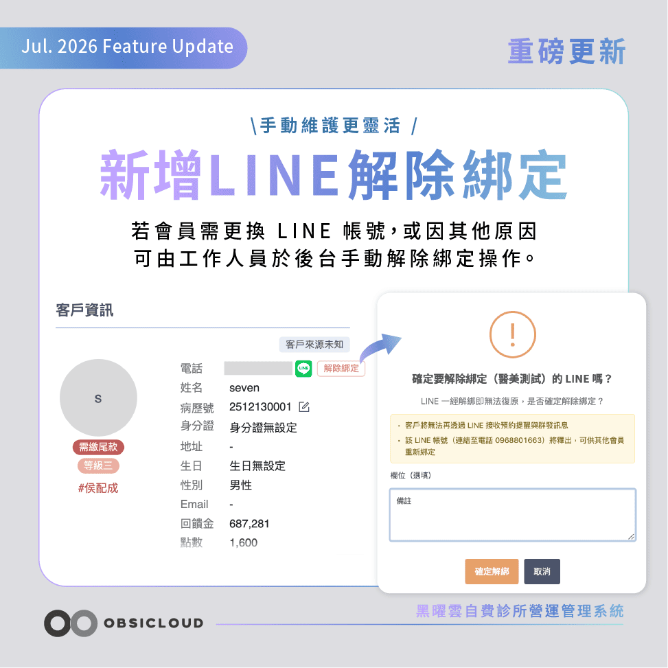 黑曜雲診所會員line解除綁定功能
